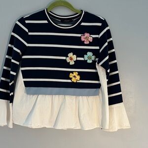 Navy Striped Blouse with Floral Accents